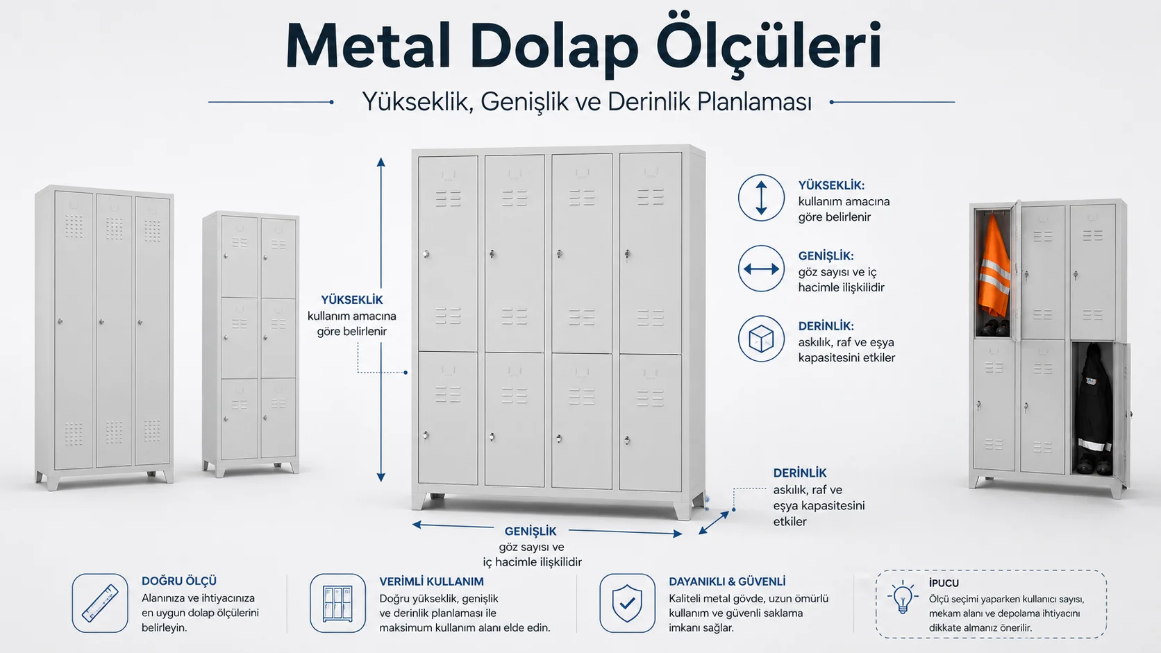 Metal dolap ölçüleri için yükseklik genişlik ve derinlik planlaması