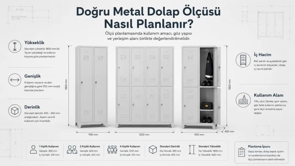 Metal dolap raf aralığı ve derinlik ölçüsü planlaması